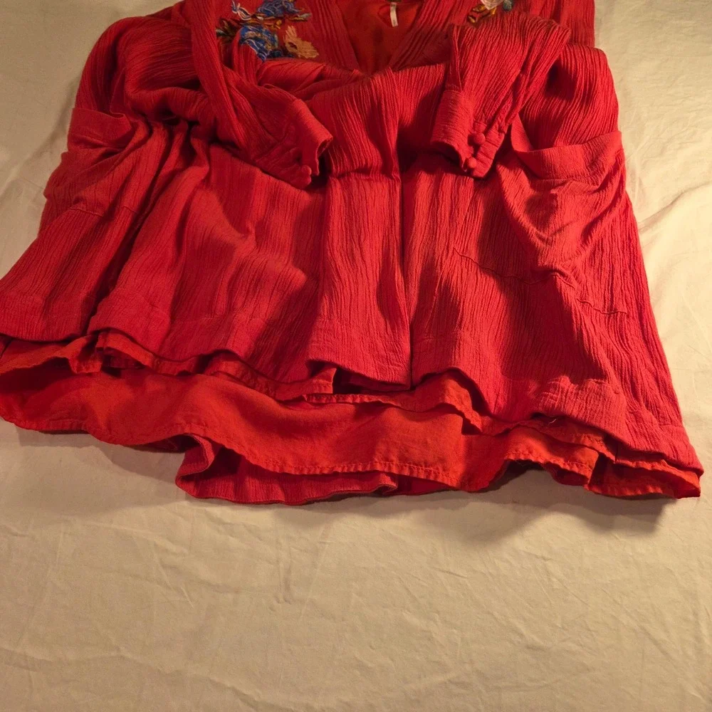 Free People Mia Embroidered Gauze Mini Dress Long Sleeve Boho, Size S, Red